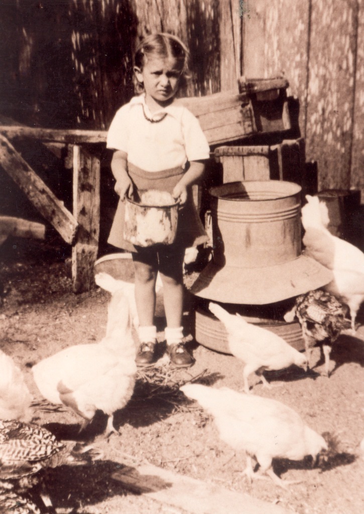 אילנה פרידמן מאכילה את התרנגולות 1947
