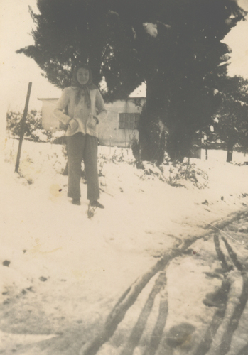 1950, שלג בישראל. אורה סולוביצ'יק ברחוב גורדון המושלג. 