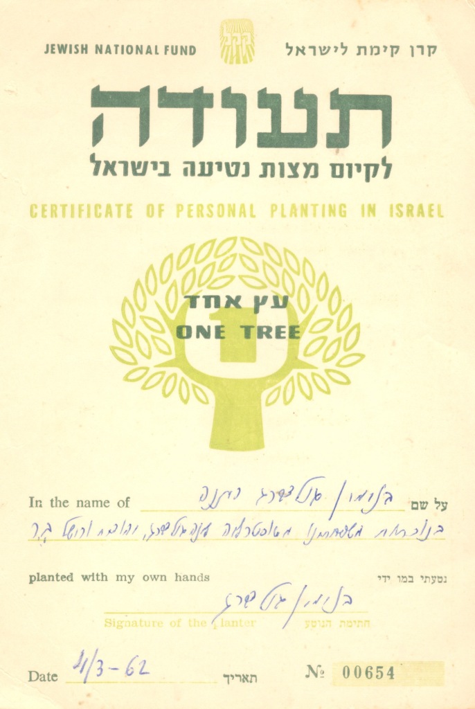 תעודה שקיבל בנימין גולדברג מהקרן הקיימת לישראל על נטיעת עץ במו ידיו 4.3.1962
