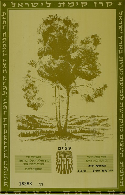 אריה אברמסקי תעודת קקל עש אריה אברמסקי על נטיעת 5 עצים 4 ל4 1999 התאריך