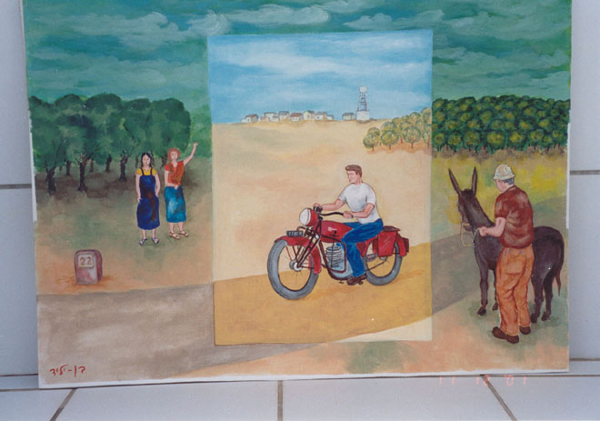 אופנוע וחמור על רקע הפרדסים - ציור של שייקה בן יליד