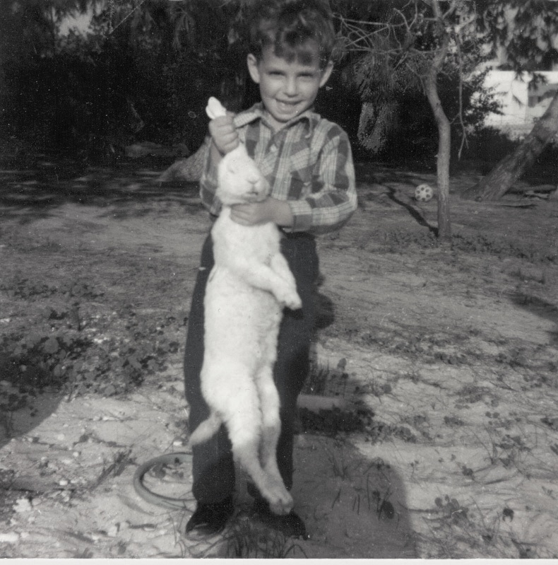 1974 יואב הרמן עם ארנבת שהתהלכה בפרדסים בסמטת ליטמן. בסמטה בית אחד ומשק ומסביב פרדסים. 